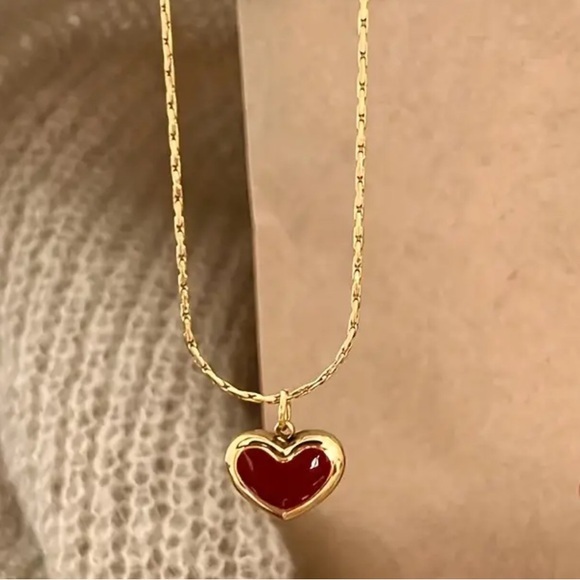 Delicate Titanium Steel Red Enamel Heart Pendant Necklace - Picture 1 of 8